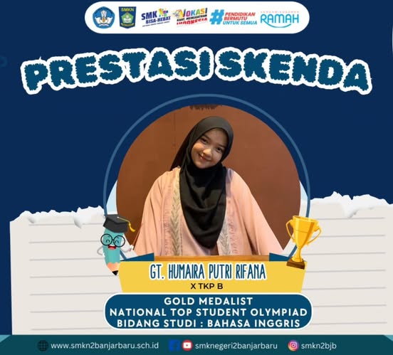 Selamat dan sukses buat Gt. Humaira Putri Rifana dari kelas X TKP B yang telah mengukir prestasi tingkat nasional sebagai Gold Medalist di ajang Natio