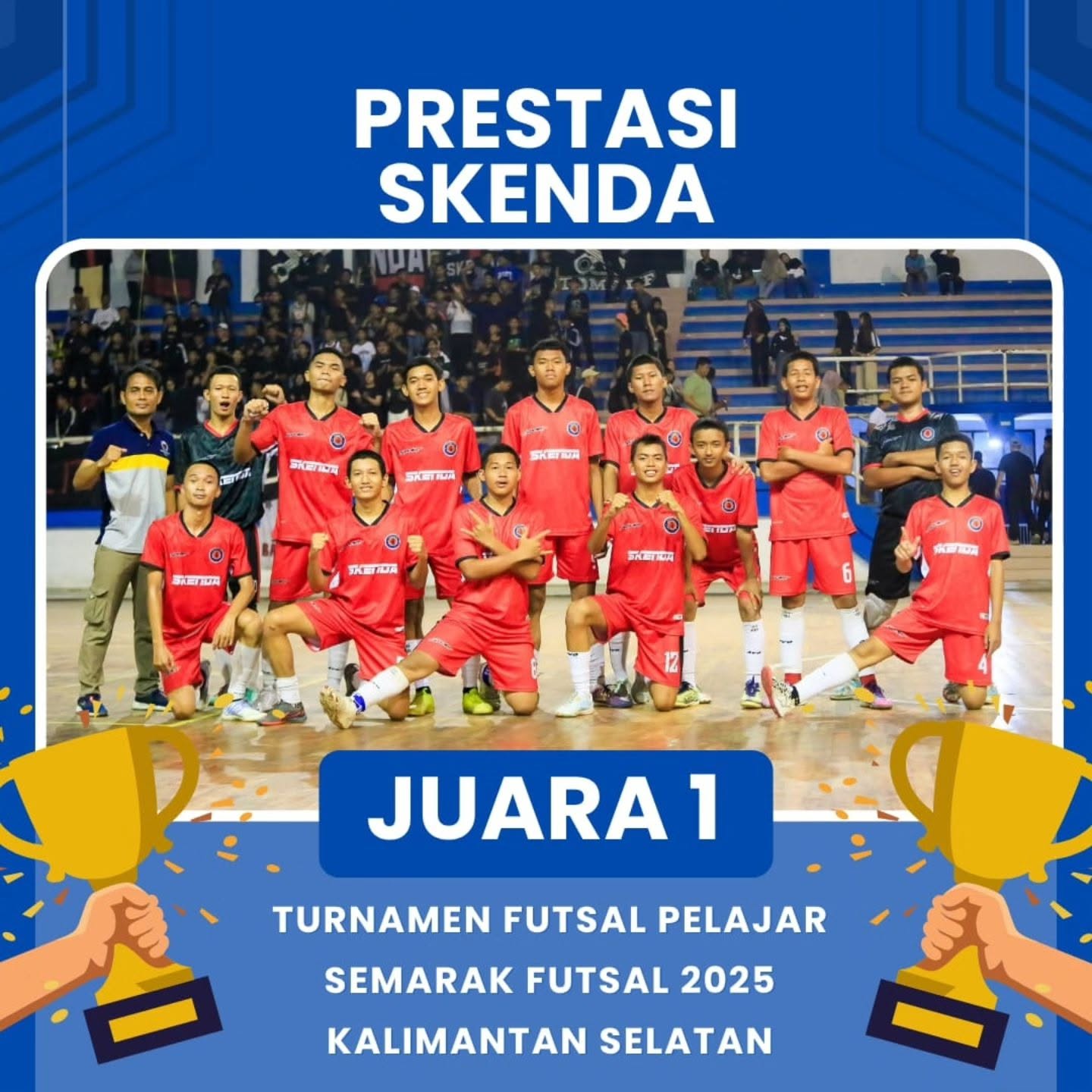 Tim Futsal kebanggaan kita kembali menorehkan prestasi gemilang di Turnamen Futsal Pelajar Semarak Futsal 2025 Kalimantan Selatan! Selamat!!! 🤩🤩🤩 🥇 Ju